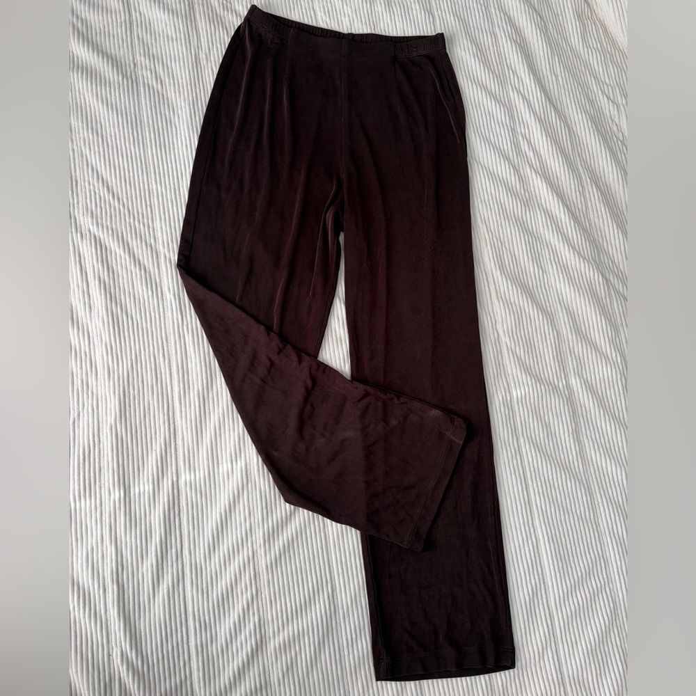 Chicos Travelers Pants Brown Wide Leg Travel USA Acetate Size 1